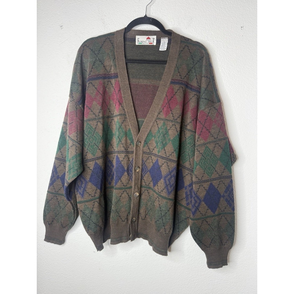 Vtg Florence Tricot Italy Men's Sweater XL Wool Blend Cardigan Argyle Grandpa - Picture 2 of 10